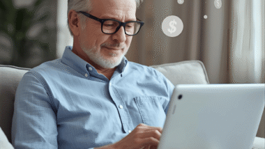 A 50+ man using his laptop to find online income opportunities online