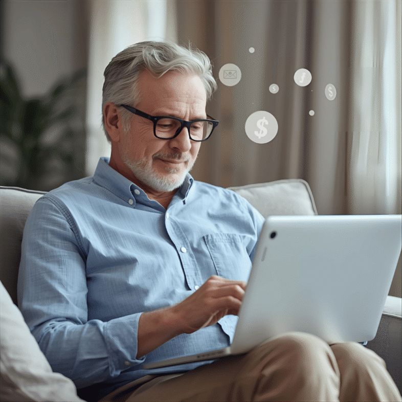 A 50+ man using his laptop to find online income opportunities online