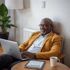 50+ gentleman comfortably working on his laptop from home