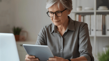 50+ woman looking over her finances and making changes using her laptop in a comfortable home office