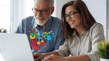 InstaDoodle Review. Smiling older man and woman creating AI doodle videos on a laptop, with colorful animated drawings emerging from the screen, bright modern workspace, simple and creative style, no text.