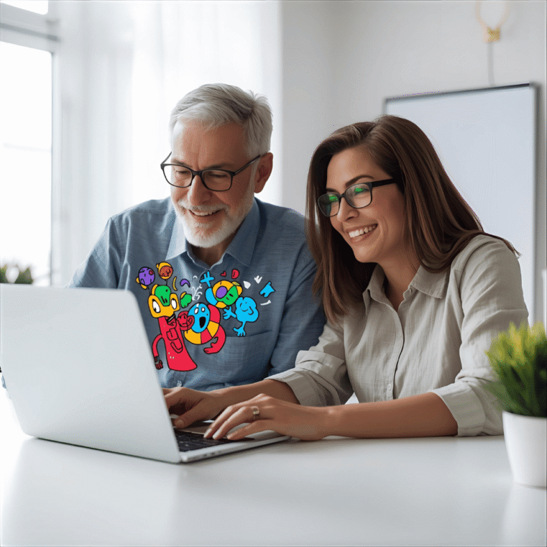 InstaDoodle Review. Smiling older man and woman creating AI doodle videos on a laptop, with colorful animated drawings emerging from the screen, bright modern workspace, simple and creative style, no text.