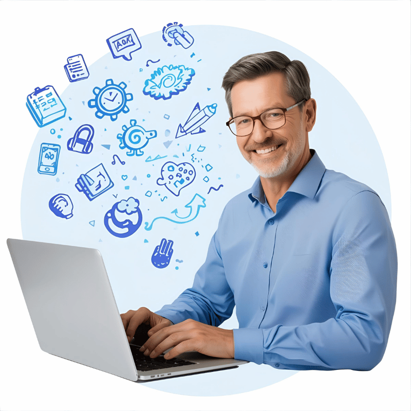 A mature adult confidently using a laptop, vibrant doodle-style animations floating on screen, blue-white color palette with creative energy and focus.