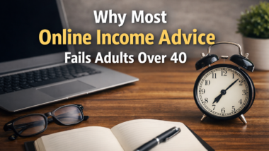 Desk setup with laptop and notebook representing structured digital income planning for adults over 40
