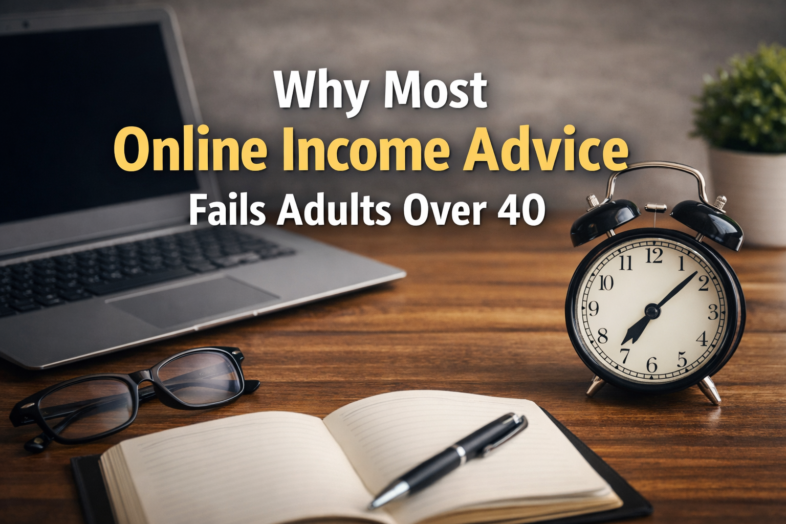 Desk setup with laptop and notebook representing structured digital income planning for adults over 40